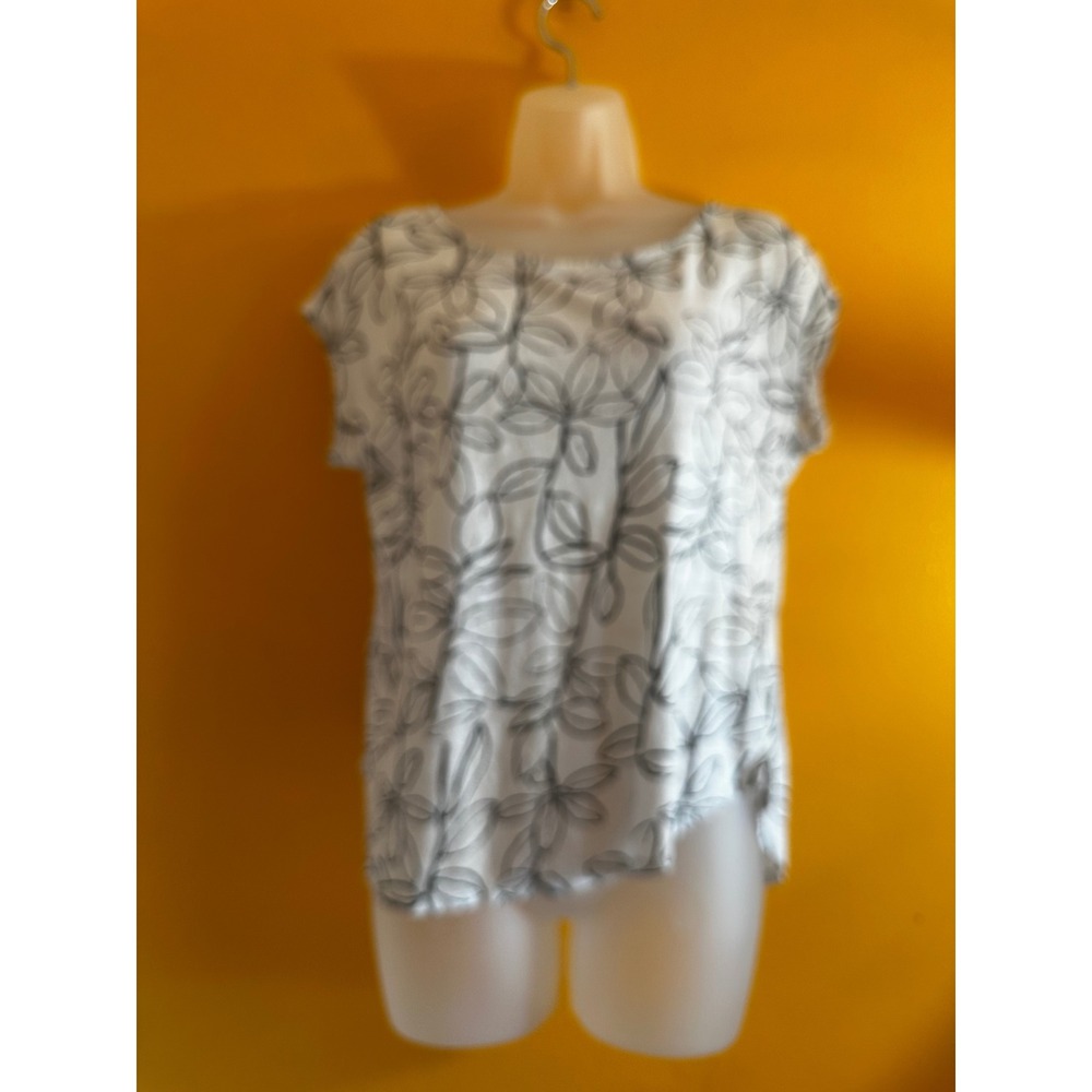 Womens White B Leaf Print Asymmetrical Hem Scoop Neck T-shirt 100% Linen